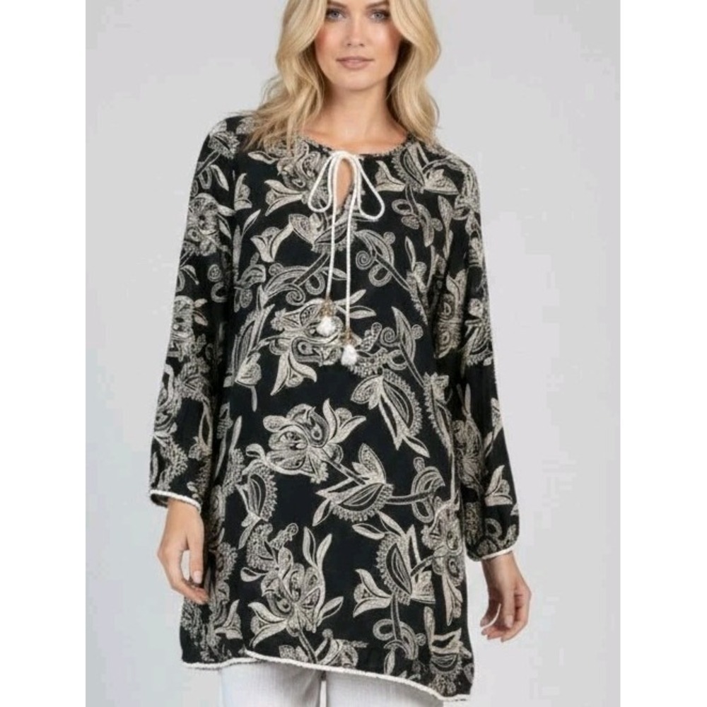 ✨ Soft Surroundings Blouse Womens LG Floral Embroidery Beaded Tunic‎ Boho Whimsy